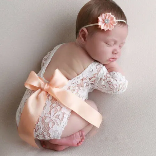 Newborn Photography Clothes Set Lace Backless Hollow Out Romper+Flower Headband