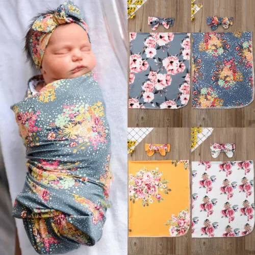 Baby Swaddle Blanket with Bow Headband, Floral Pattern Soft Stretchy Sack