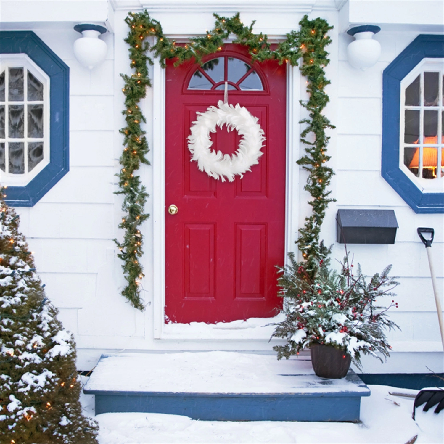 Christmas Feather Wreath Hanging Lighted Garland for Front Door