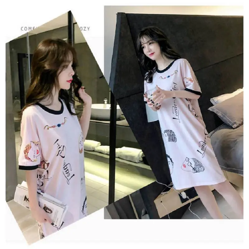 Women’s Summer Cartoon Print Round Neck Short-sleeved Sleeping Dress