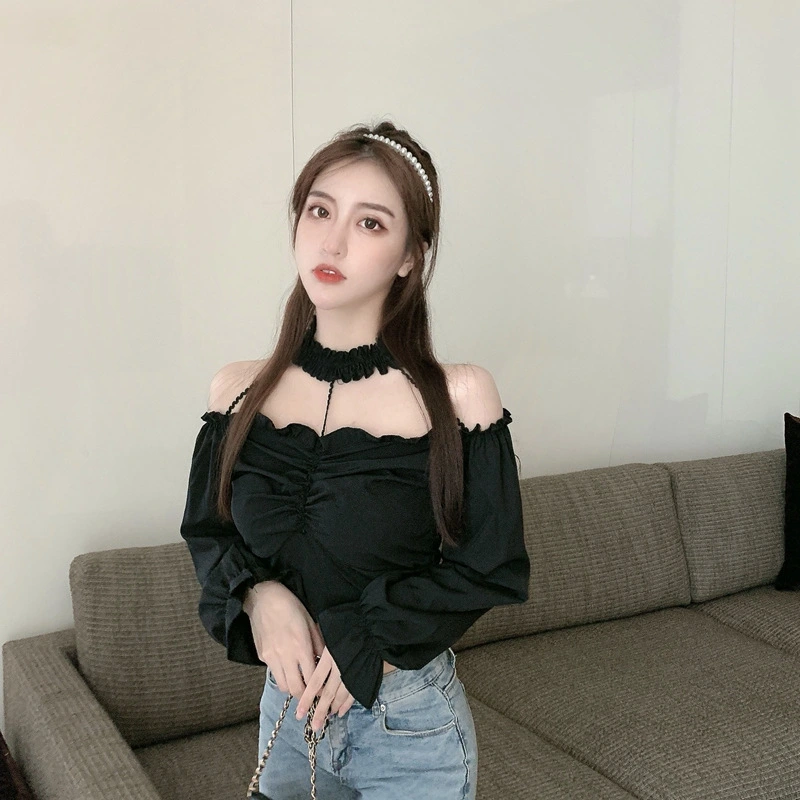 Women Sexy Off Shoulder Blouse with Choker, Solid Color Ruched Crop Top