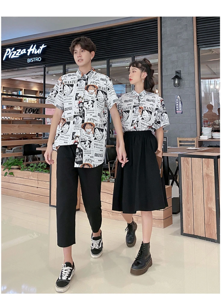 Unisex Short Sleeve Cartoon Letter Print Turn Down Collar Button Down Shirt