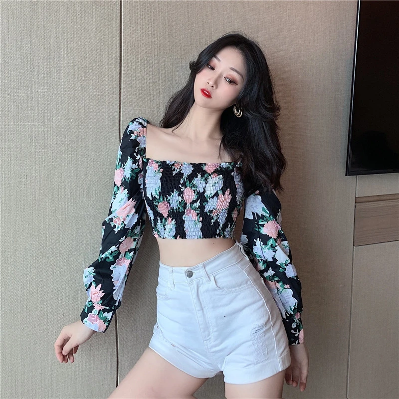 Women V Neck Crop Top Long Puff Sleeve Floral Print Lace Up Hollow Out Blouse