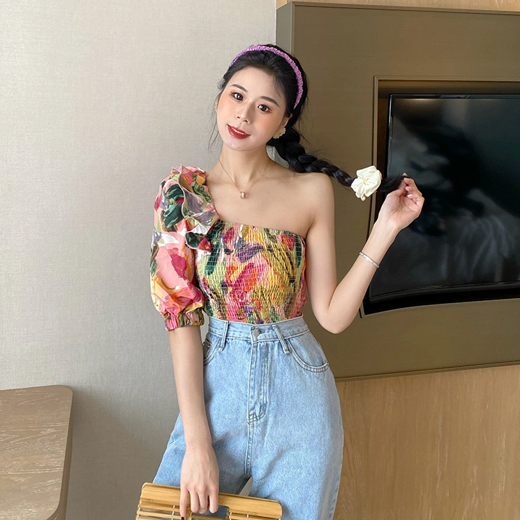 Women Smocked Crop Top Short Puff Sleeve One Shoulder Floral Print Shirt