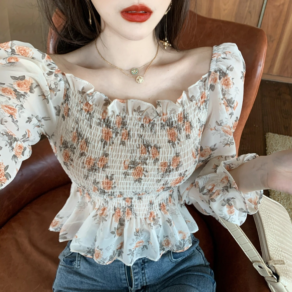 Women Fashion Long Sleeve Floral Print Tops Stylish Off Shoulder Tops