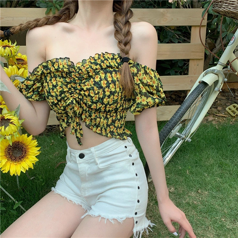 Women Short Sleeve Off Shoulder Floral Print Drawstring Front Shirred Crop Tops