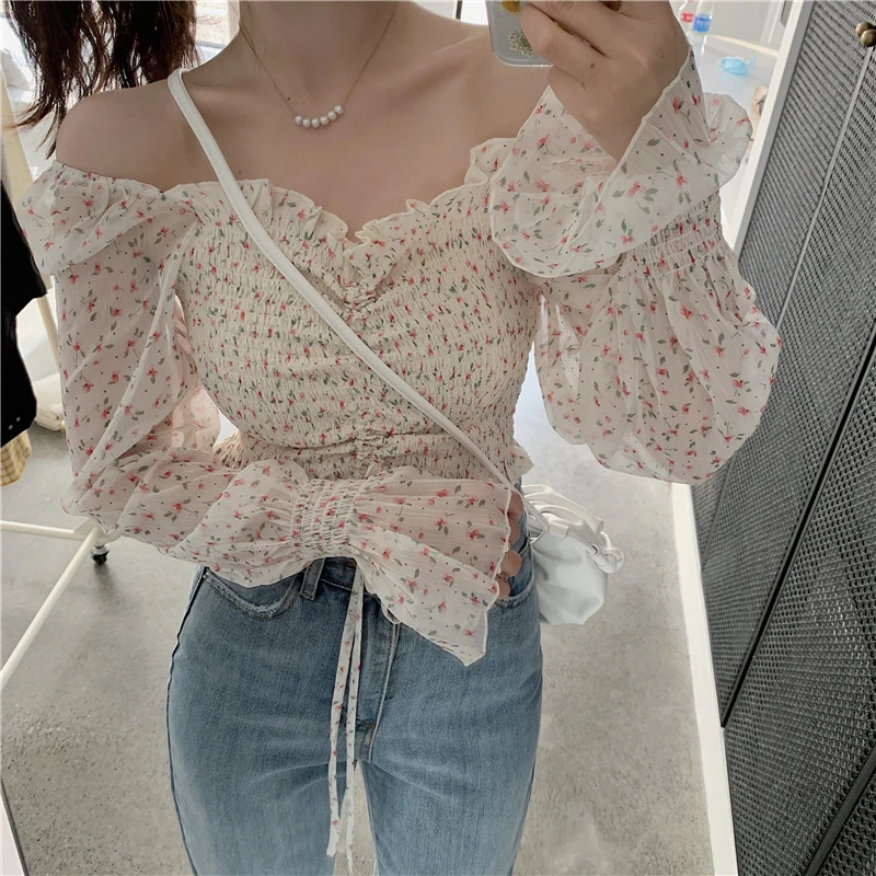 Women Long Puff Sleeve Off Shoulder Floral Print Drawstring Shirred Crop Tops