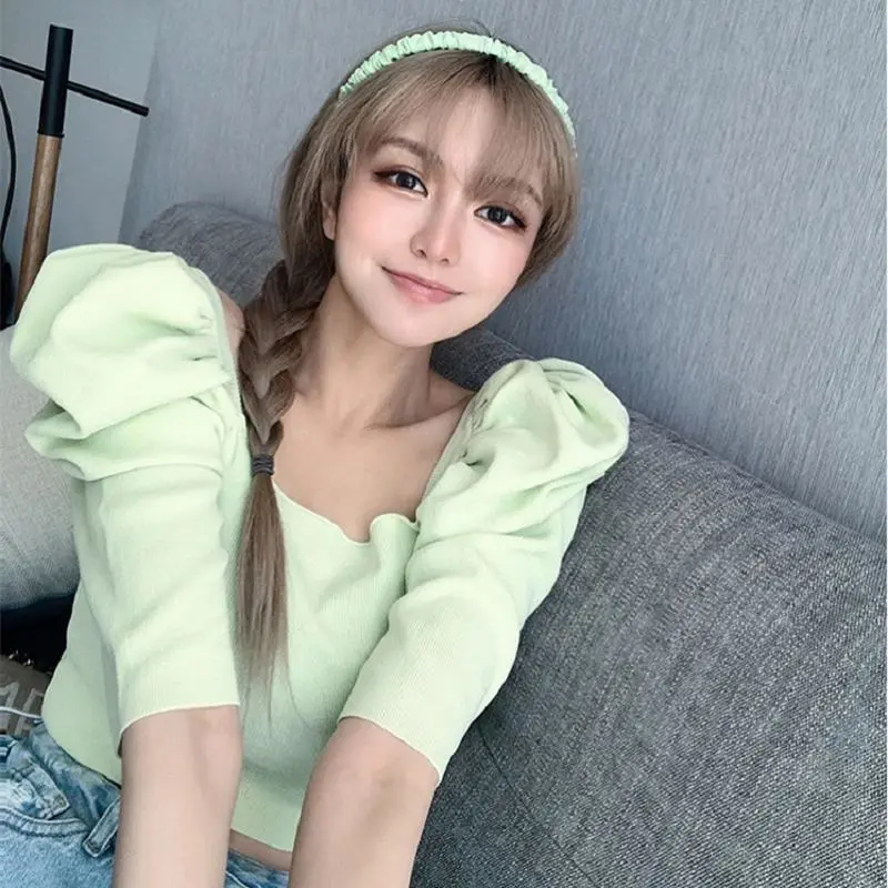 Women Fashion Puff Sleeve Square Collar Tops Stylish Knitwear