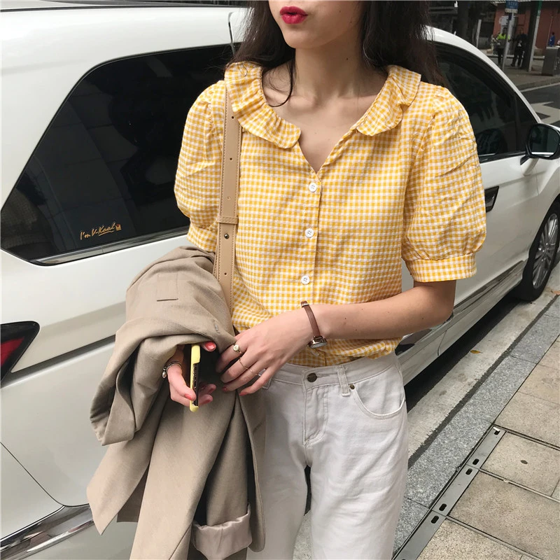 Women Button Down Tops Short Puff Sleeve Plaid Print Doll Collar Loose Tee Shirt