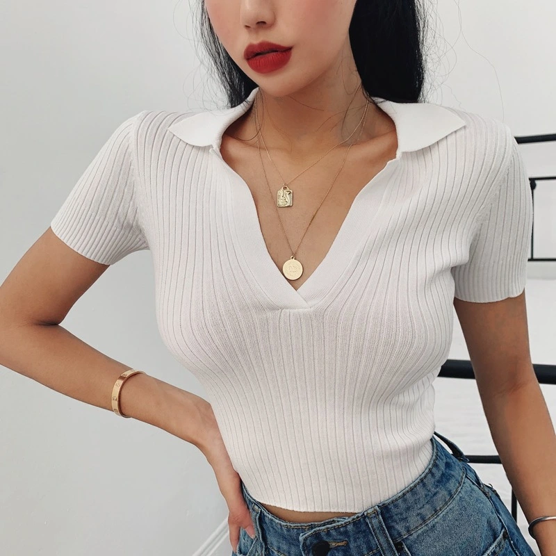 Women Fashion Short Sleeve V-neck Knit Tops Stylish Lapel Solid Color Crop Top