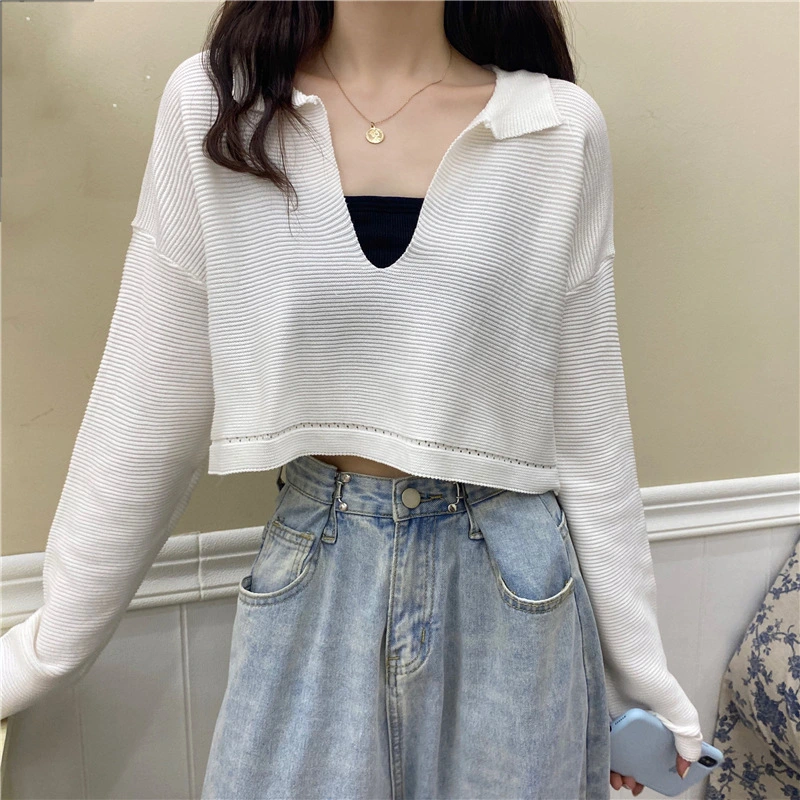 Women Lapel Collar Crop Top Deep V Neck Long Sleeve Solid Color Loose Tee Shirt