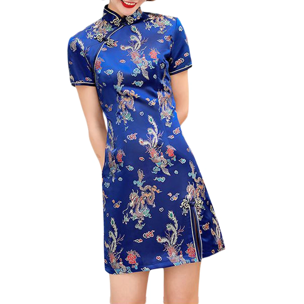 Women Chinese Cheongsam Short Sleeve Phoenix Dragon Print Split Hem Mini Dress