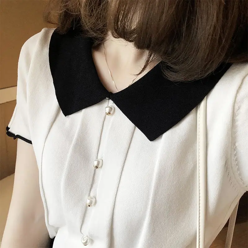 Female Tops, Adults Turn-Down Collar Short Sleeve Knitwear Pullover