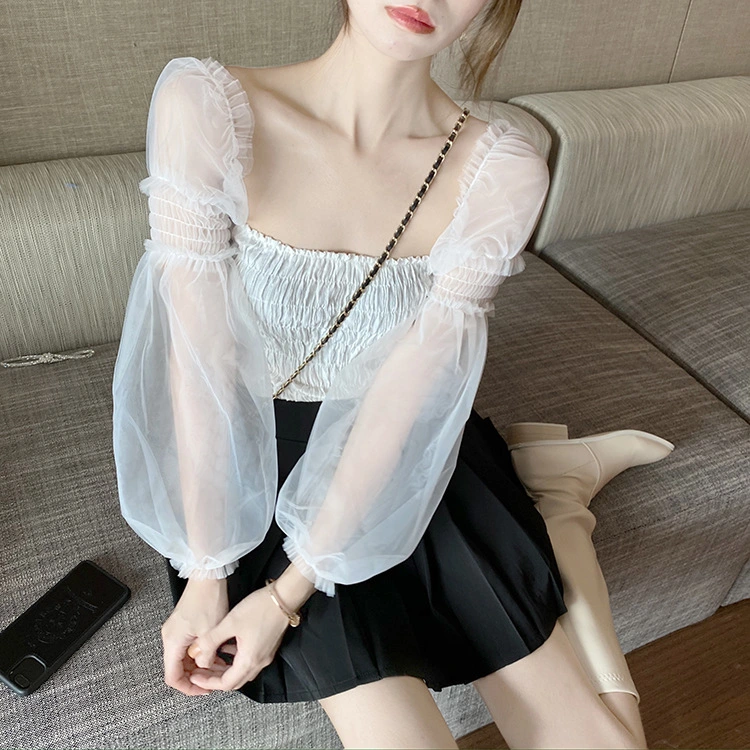 Women Smocked Tops Sheer Mesh Long Puff Sleeve Solid Color Tee Shirt