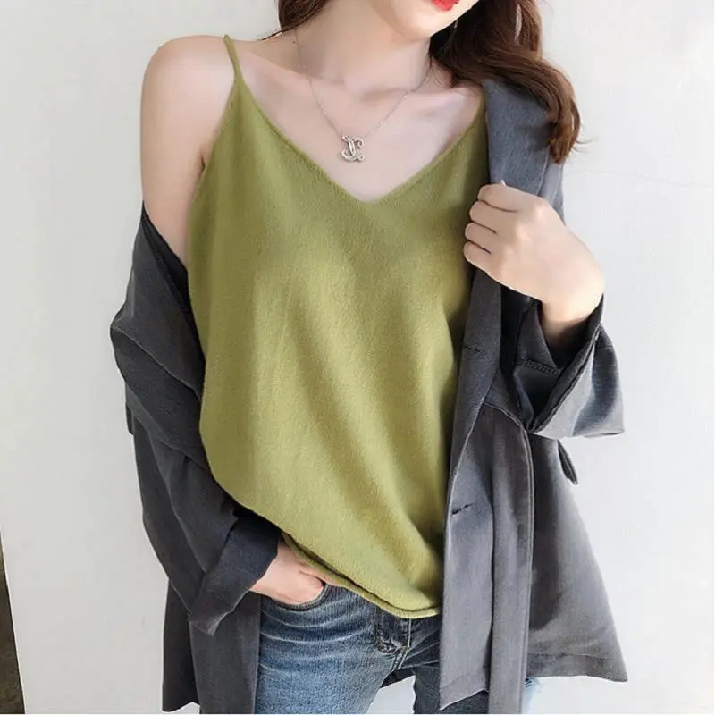 Women Sexy Cami Tops Spaghetti Strap V Neck Solid Color Loose Camisole