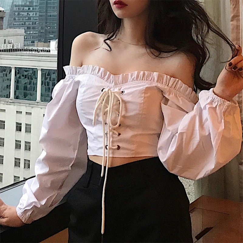 Women Crop Tops, Solid Color Off-the-shoulder Long Sleeve Blouse