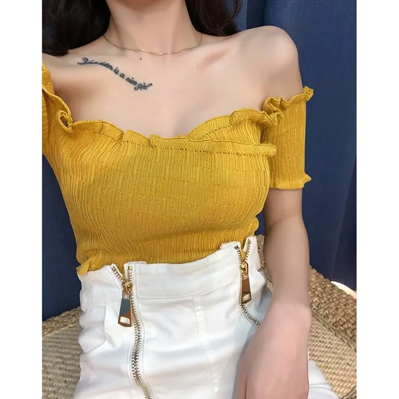 Women Wrap Crop Tops Off Shoulder Short Sleeve Solid Color Smocked Tee Shirt