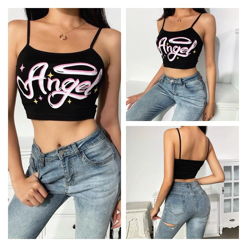 Female Vest, Letter Print U-Neck Sleeveless Spaghetti Strap Crop Tops Camisole