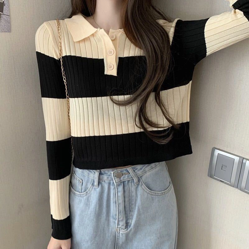 Women’s Stripe Lapel Long Sleeve Short Style Pullover Knitwear