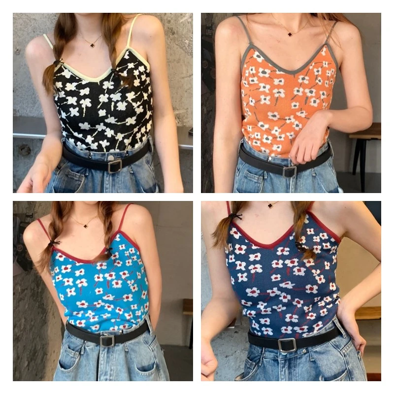 Women’s Floral V-neck Backless Exposed Navel Suspender Camisole