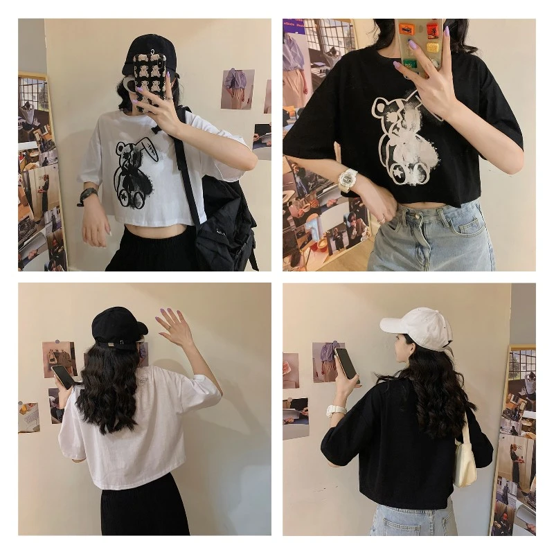 Women Casual Cartoon Pattern Short Sleeve Round Neck Crop Top