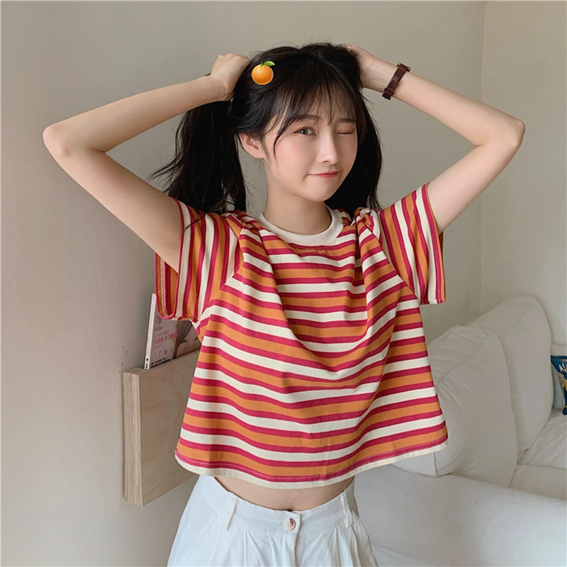 Women Short Sleeve Striped T-shirt Stylish Round Neck Loose Tops