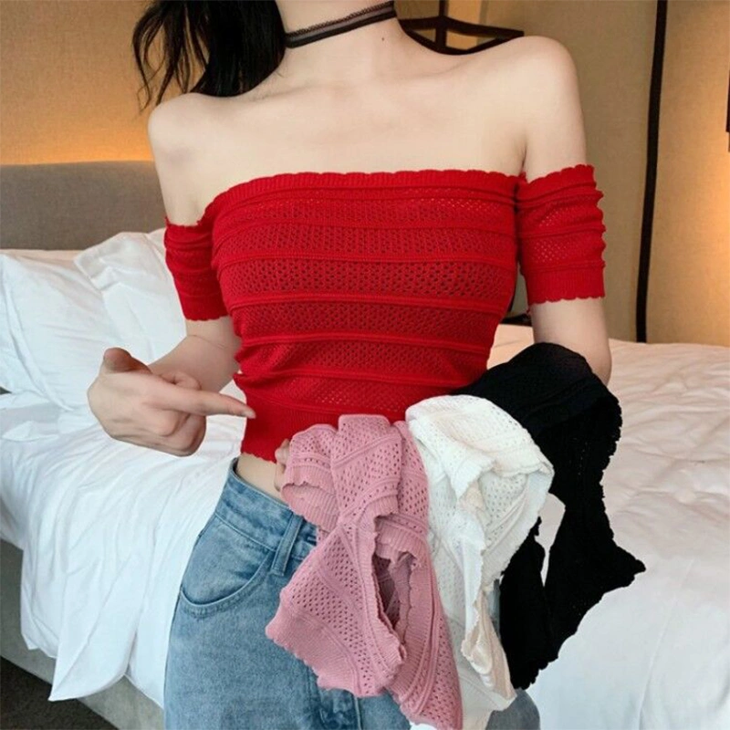 Women's Off Shoulder Knitwear, Short Sleeves Shirt Hollow Out Tops