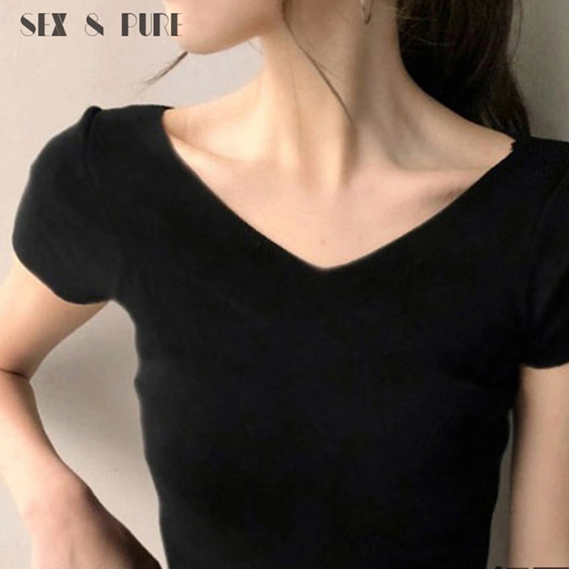 Women's Crop Tops, Solid Color V-neck T-shirt Short Sleeve Shirt