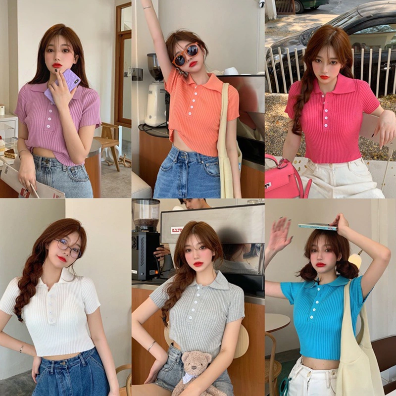 Women's T-shirt, Short Sleeve Solid Color Lapel Button Knitting Tops