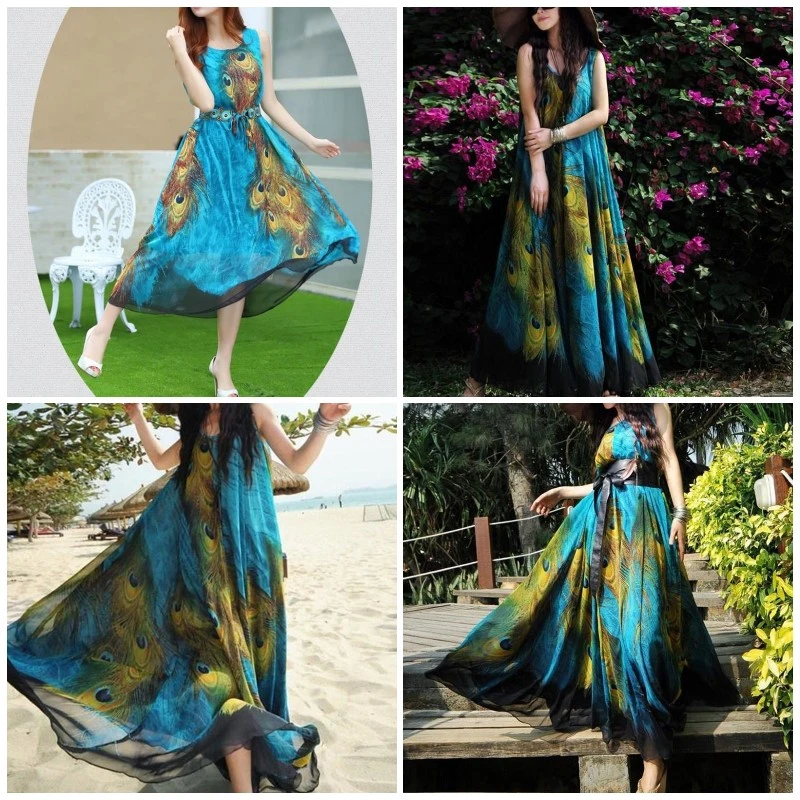 Women's Sexy Sleeveless Tank Dress, Casual Peacock Printing Skirt