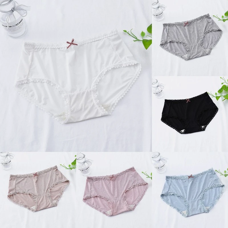 Women Skin-friendly Briefs, Female Lace Hem Mid Waist Underpants