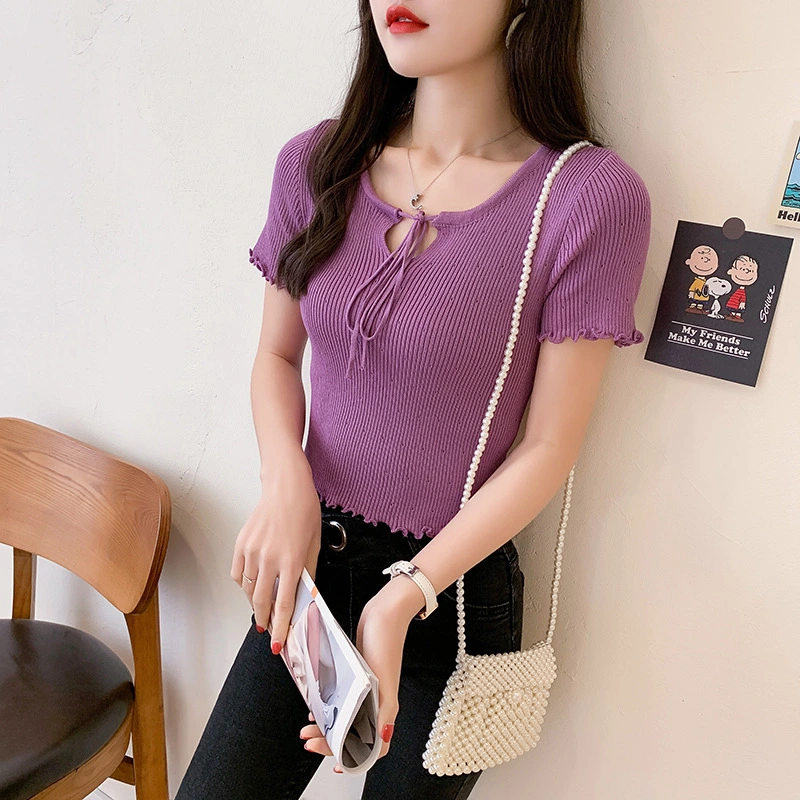 Women Fashion Short Sleeve Lace-up Tops Stylish Solid Color Tops