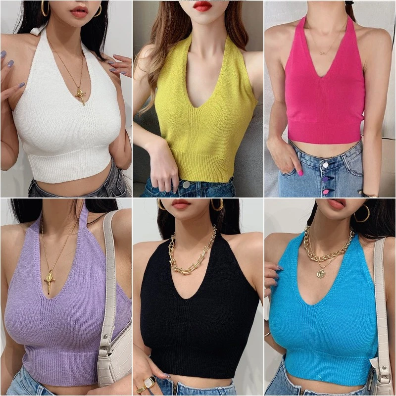 Women Crop Cami Tops Sleeveless Halter Neck Rib Knit Slim Fit Camisole