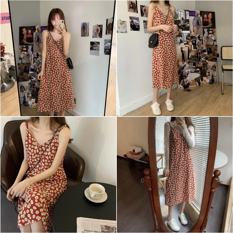 Women Floral Slip Dress, Daisy Print V-neck Spaghetti Strap One-piece