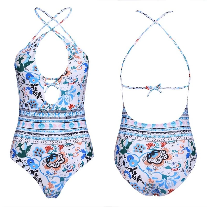 Women Deep V-neck Floral Print One-Piece Swimsuit Stylish Bathing Suit