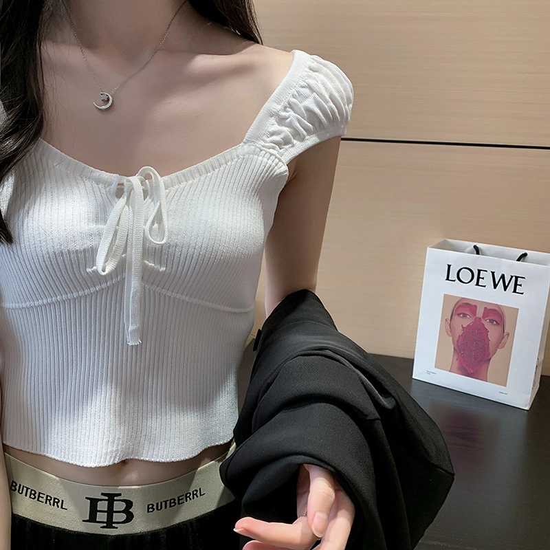 Women Rib Knit T-Shirts Short Sleeve Solid Color Lace-Up Crop Tops