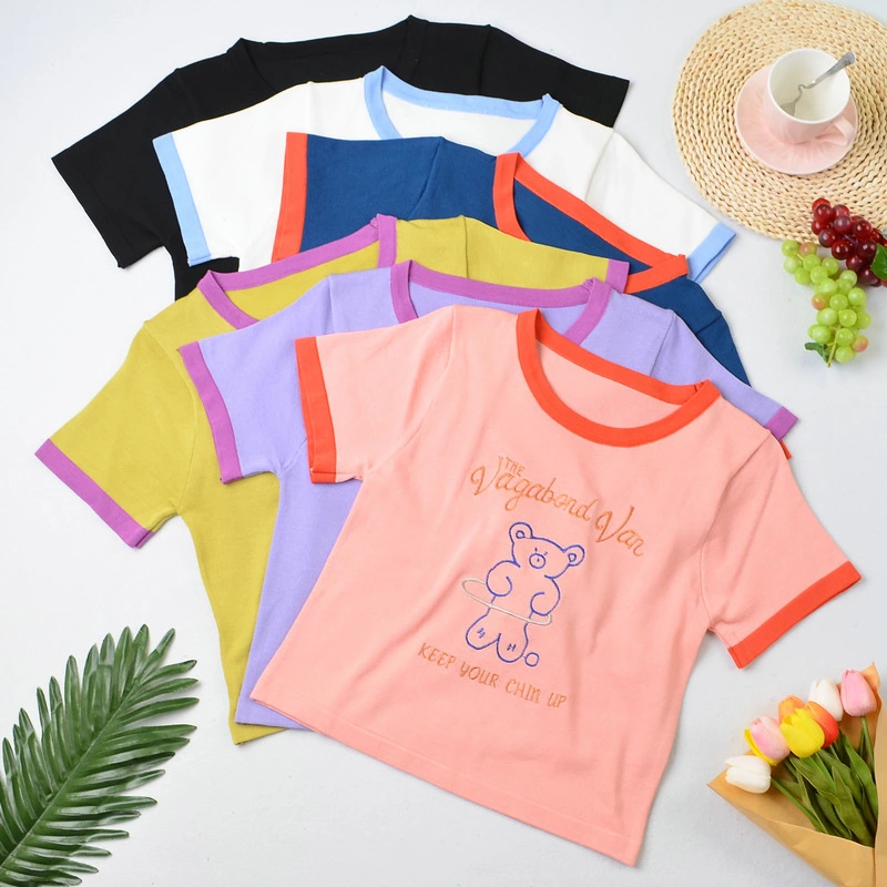 Girls Round Collar T-shirt, Short Sleeve Midriff-baring Top Base Shirt