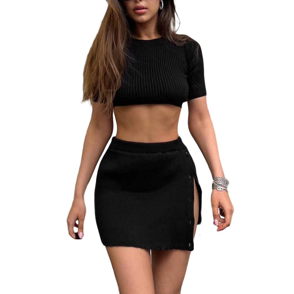 Women's Solid Color Short Sleeve Crop Tops Side Split Button Skirt Set