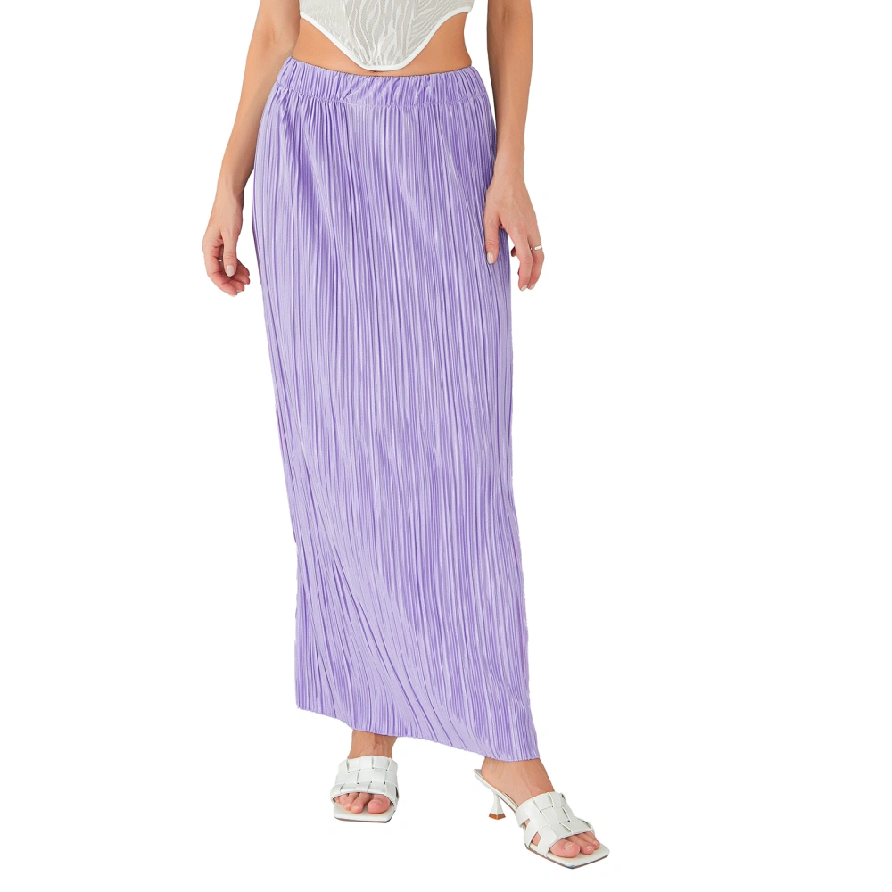 Women Summer High Waist Skirt Solid Color Pleated Straight Long Skirt