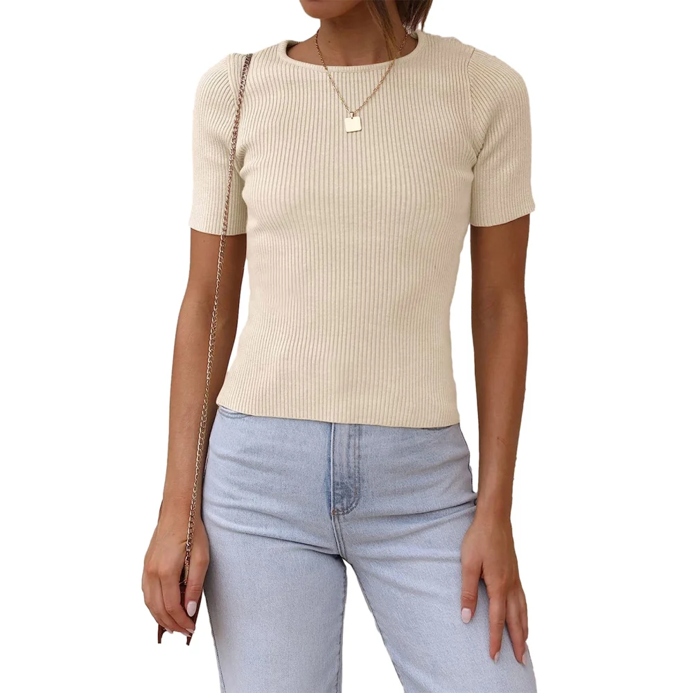 Women Basic Ribbed Knit T-Shirts Casual Summer Short Sleeve Tops