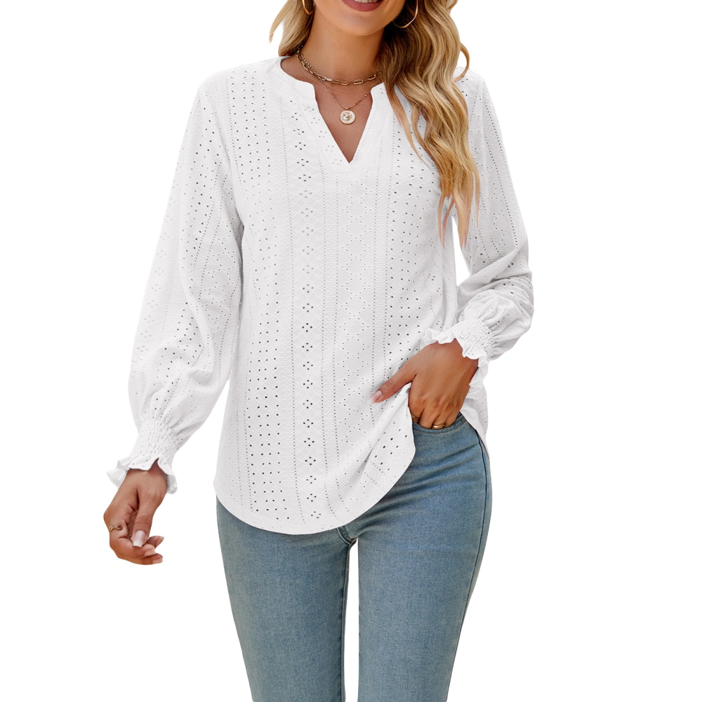 Women Fashion Shirts Solid Color Hollow-Out Long Sleeve Blouses