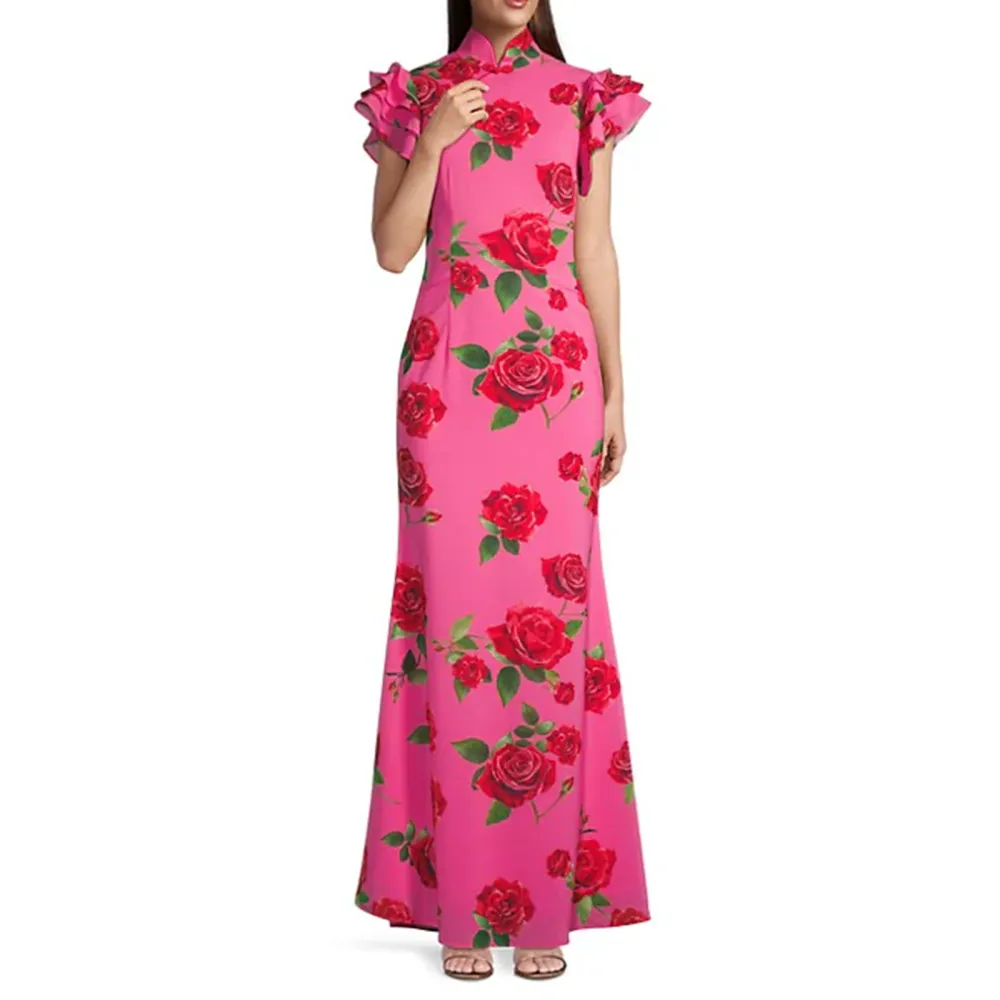 Women's Cheongsam Long Dress Rose Print Stand Collar Chinese Dress