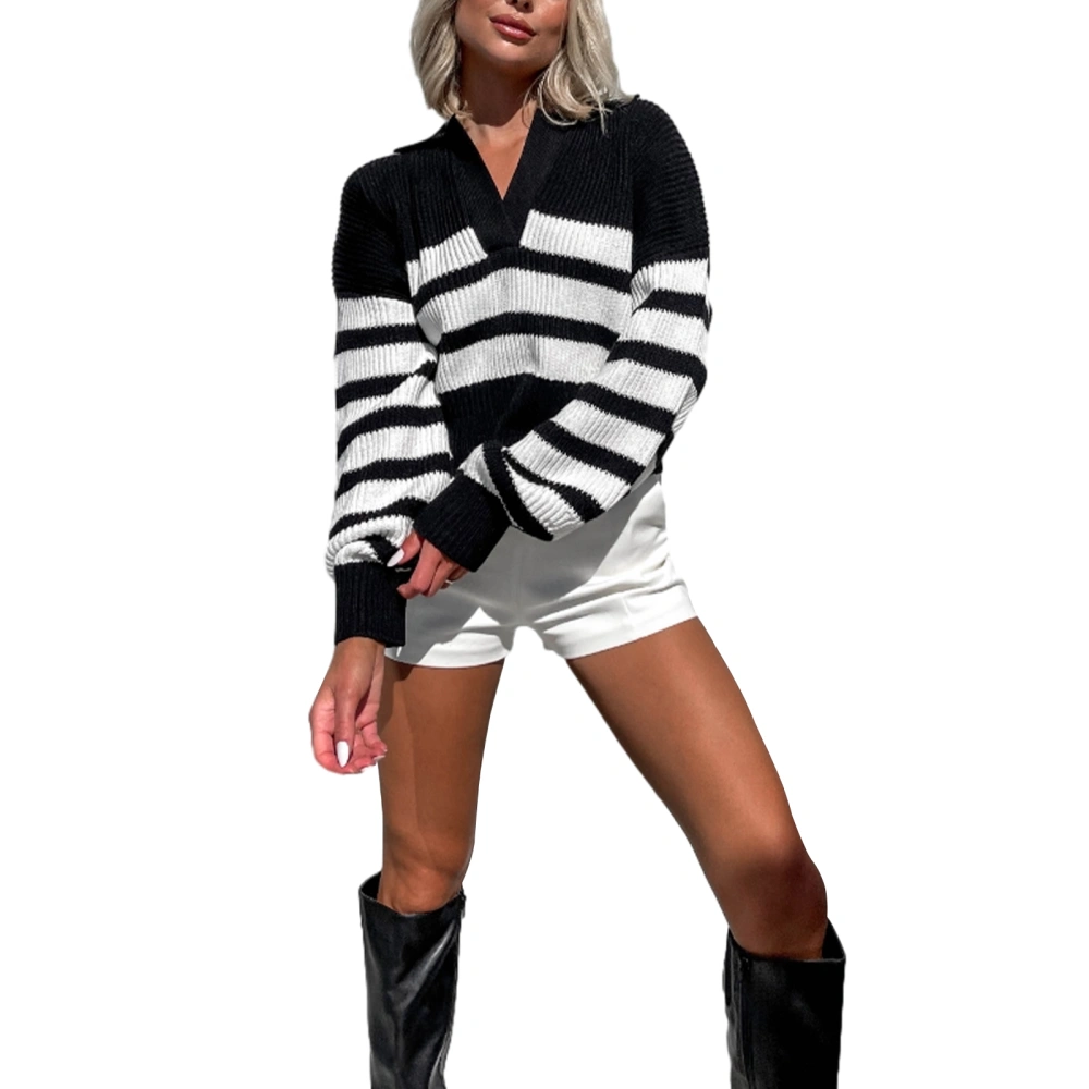 Women's Spring Long Sleeve Lapel Striped Pullover Knitwear Tops