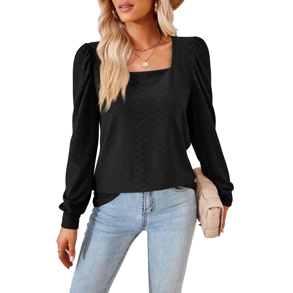 Women's Spring Loose Tops Solid Color Jacquard Long Sleeve Blouse