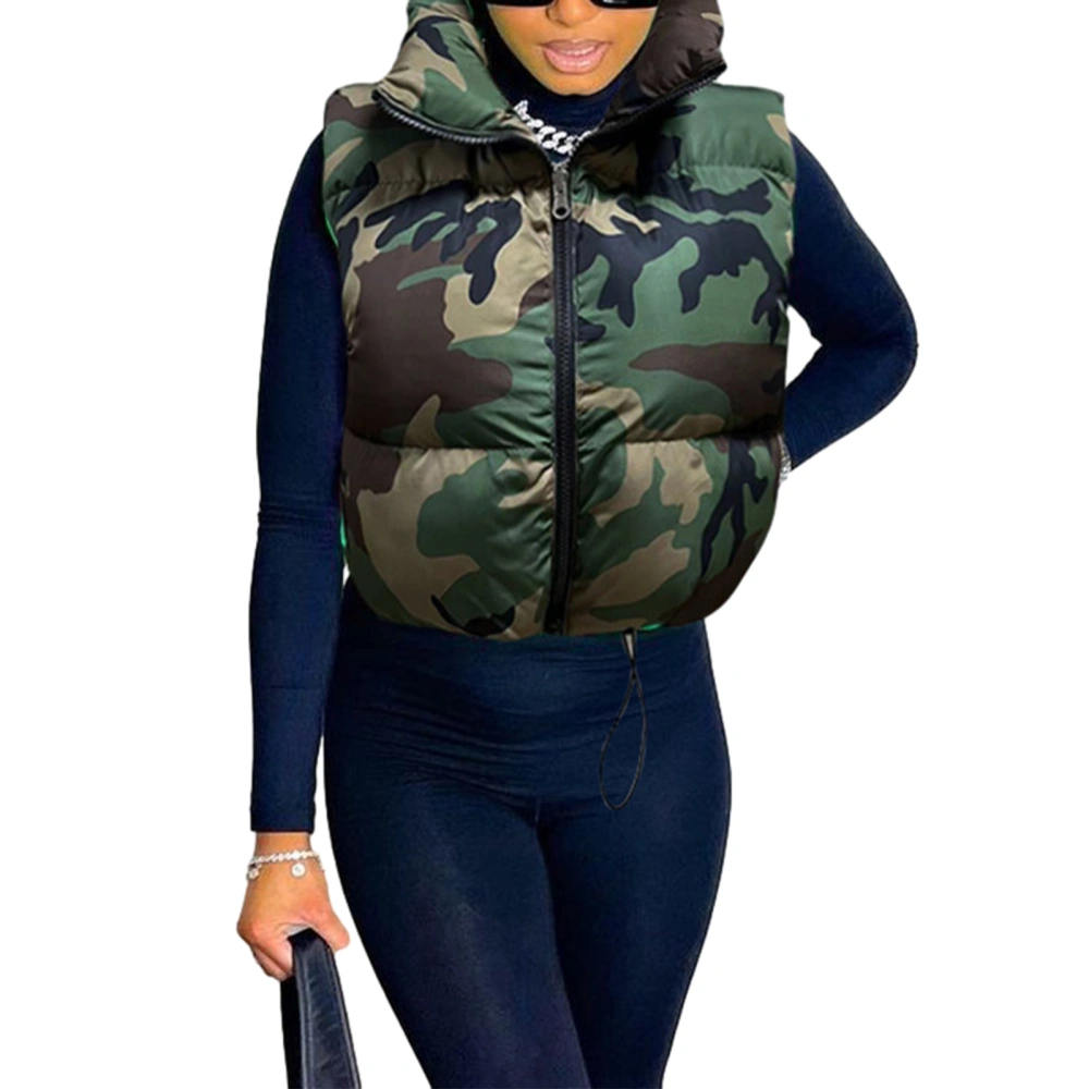 Women Winter Vest, Sleeveless Stand Collar Zipped Camouflage Jacket