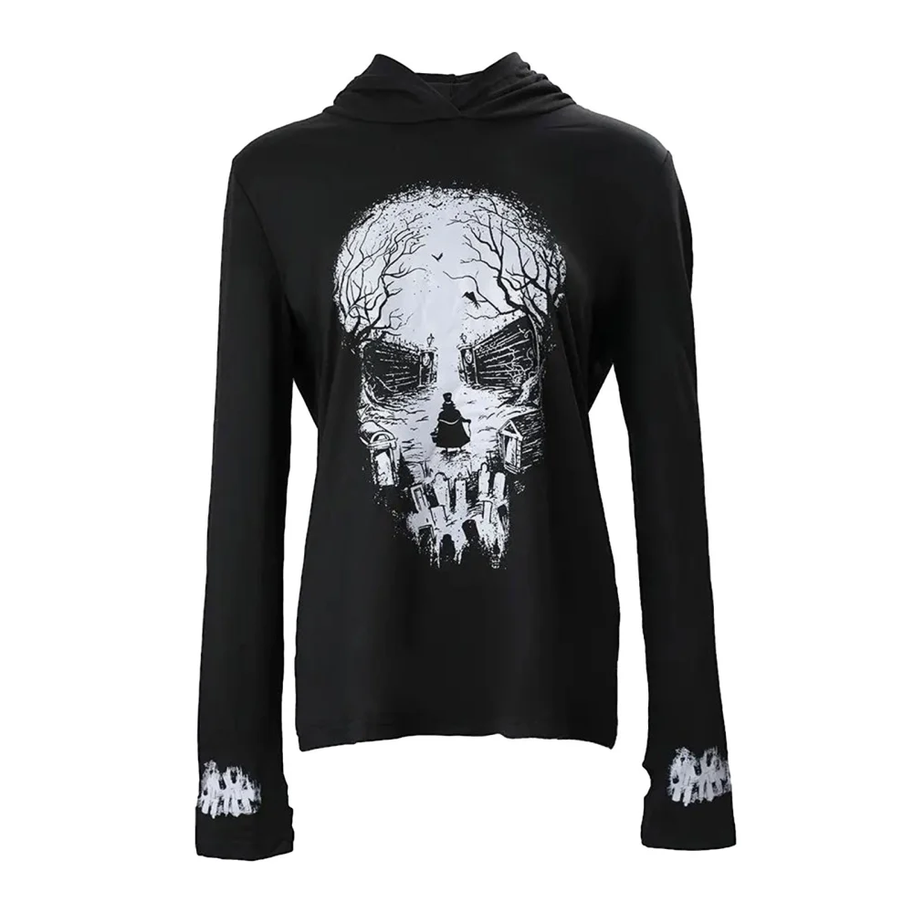 Women Long Sleeve T-Shirts Halloween Skull Print Hooded Hoodies