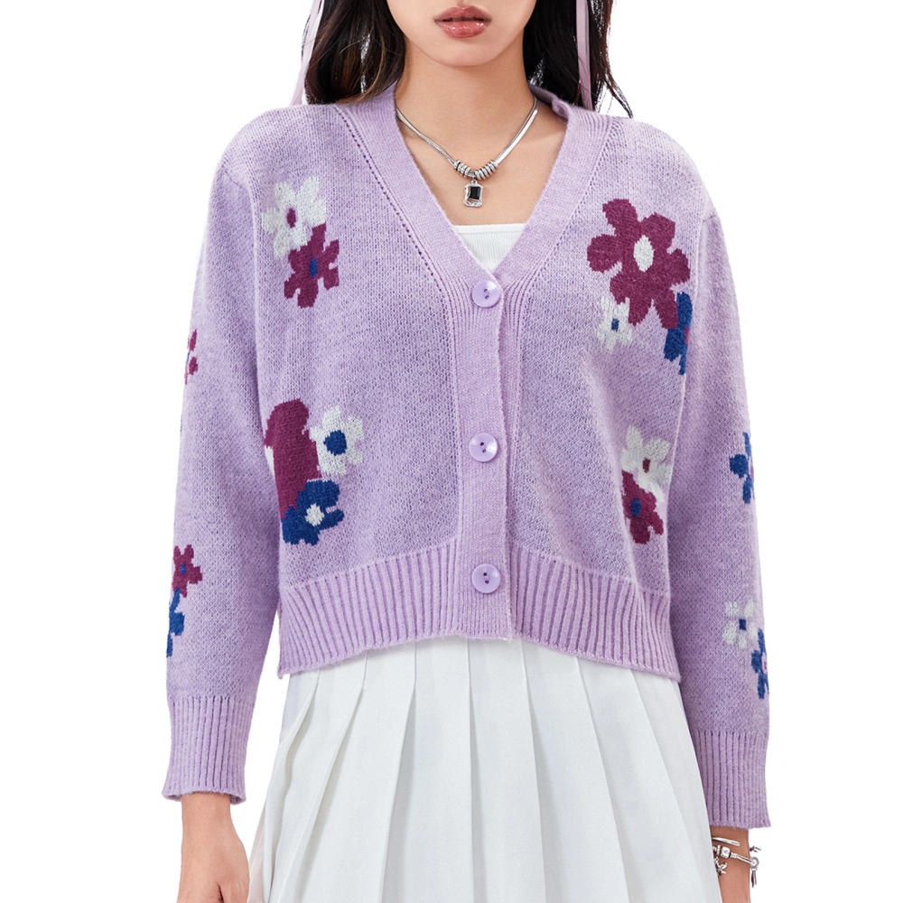 Women's Long Sleeve Cardigan, Cartoon Flower Print V-Neck Loose Coat