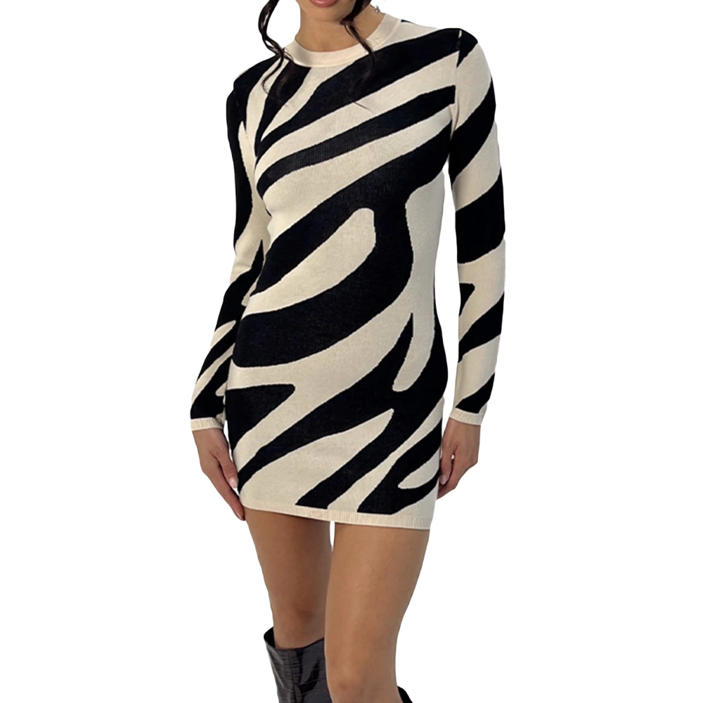 Women Knitted Mini Dress Zebra Stripe Print Long Sleeve Bodycon Dress 