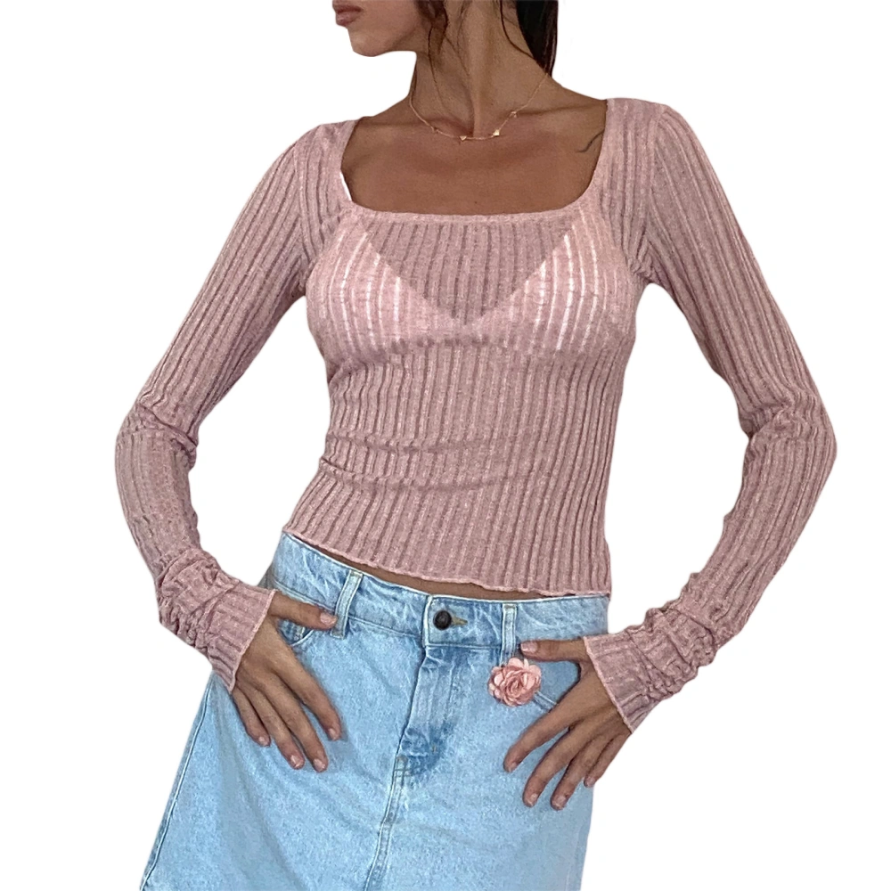 Women T-shirt, Long Sleeve Square Neck Ribbed Slim Fit Sheer Tops