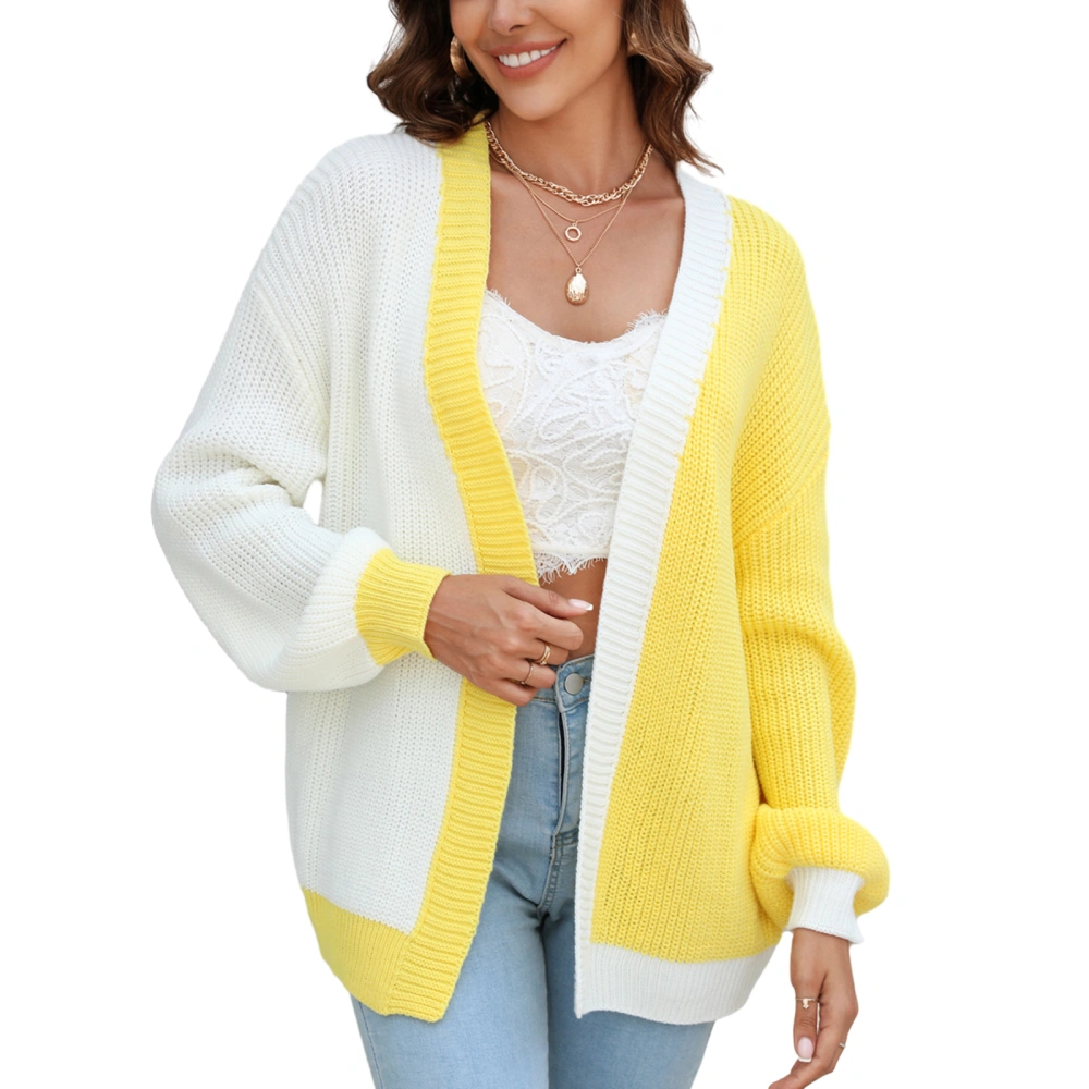 Women Knit Cardigan Long Sleeve Open Front Contrast Color Sweater